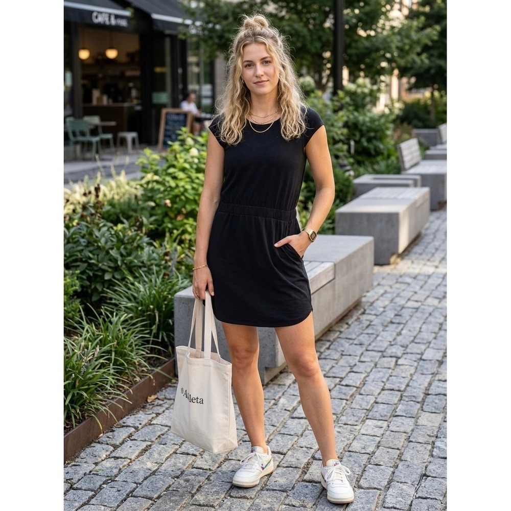 Athleta Black Lyocell Silk Blend Cap Sleeve Mini Dress with Pockets LP